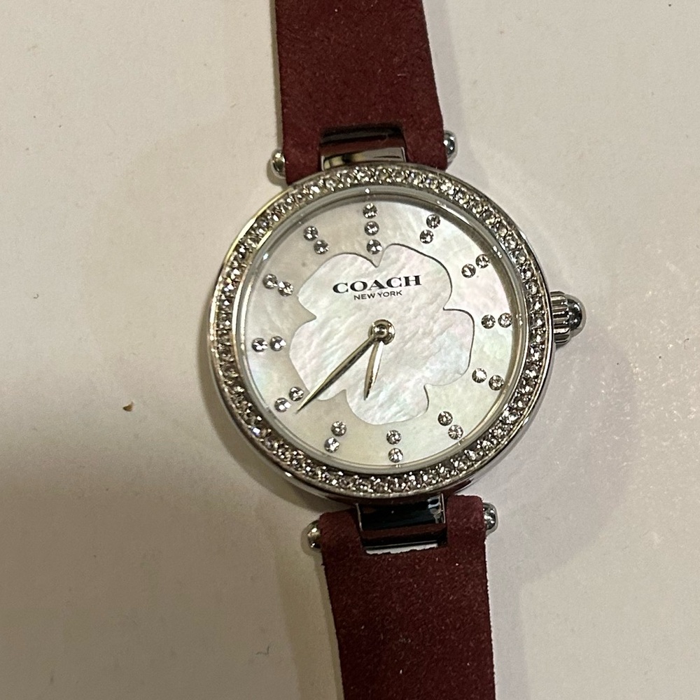 Coach Women's Watch with Silver Case and Burgundy Strap